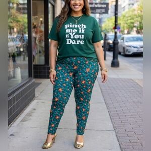 “LuLaRoe TC XL Irish Green Leggings | Coral Floral & Clover Print | St. Patrick'